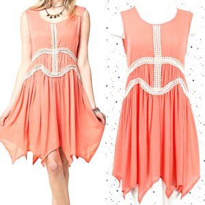 Lace Detail Handkerchief Hem Dress Coral